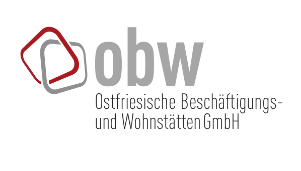 Ein roter und ein grauer rechteckiger Rahmen die zusammenhängen. Daneben der Schriftzug obw Ostfriesische Beschäftigungs- und Wohnstätten GmbH.